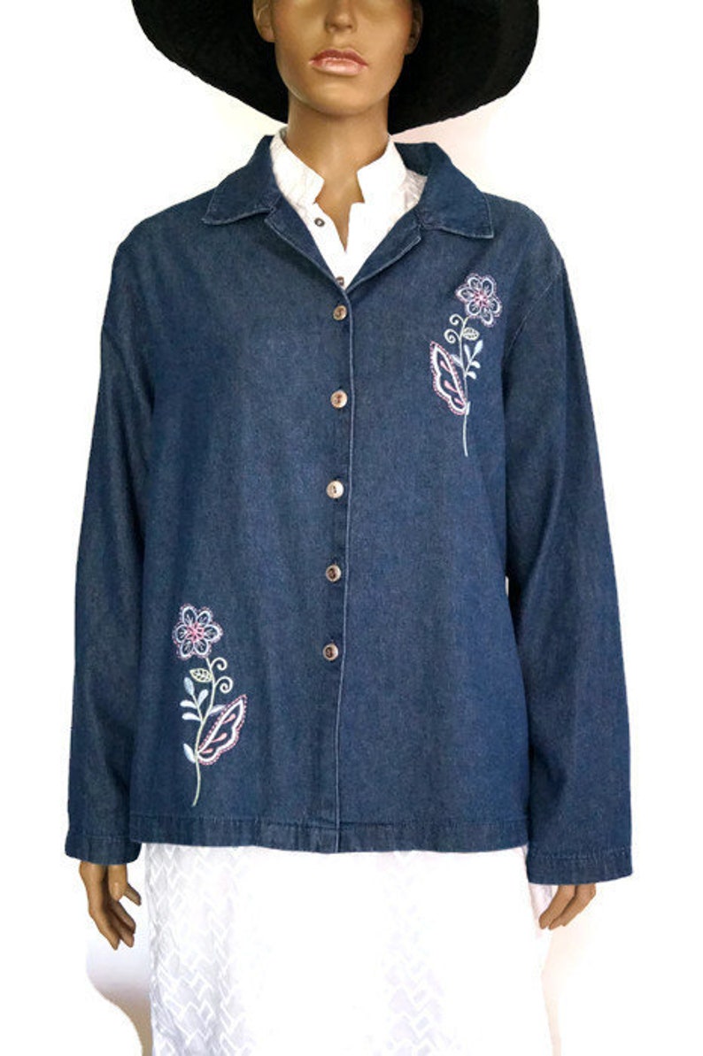 Boho Denim shirt with embroidery Vintage Blue Denim Jean shirt | Etsy