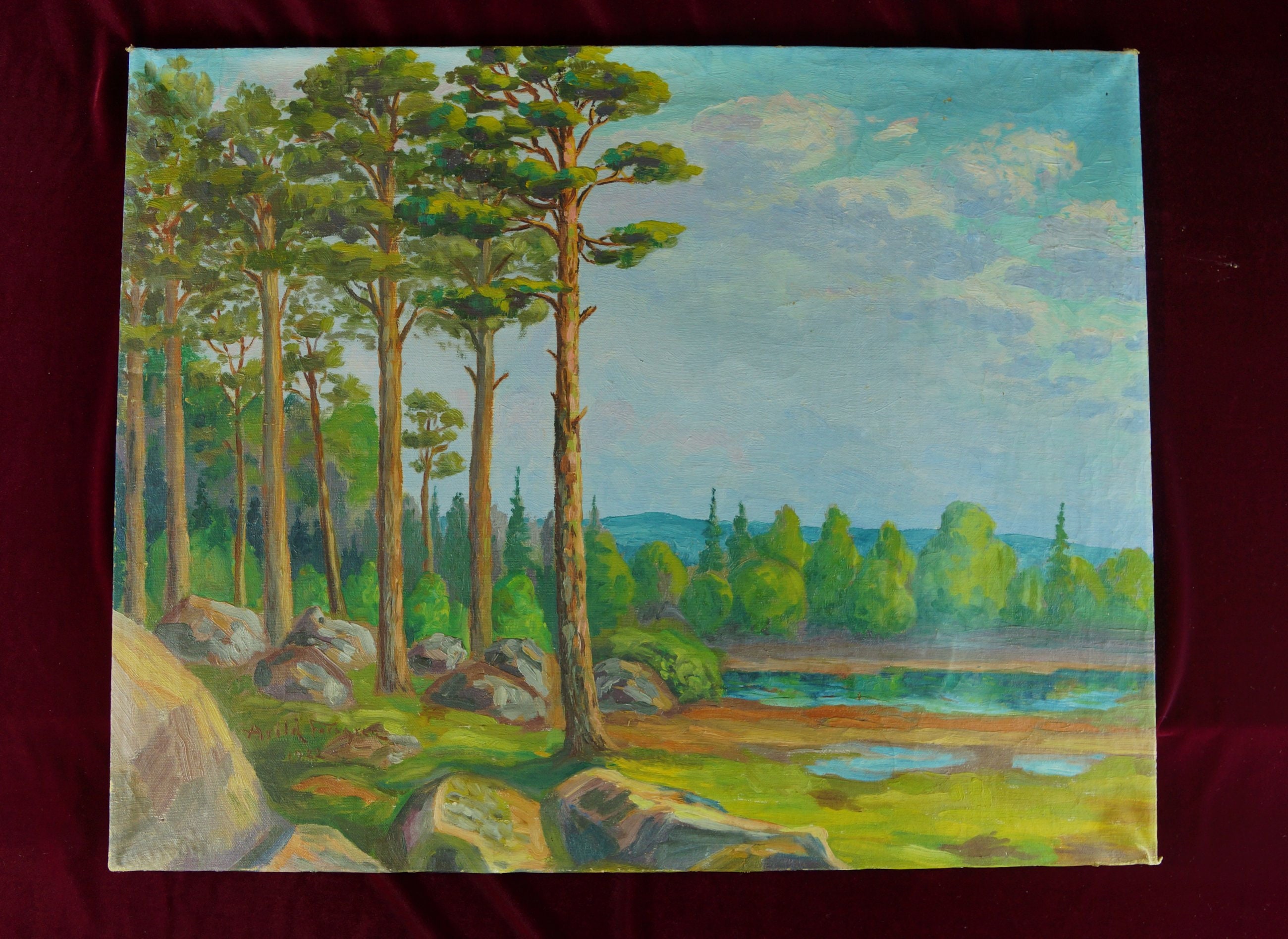 ヴィンテージのスウェーデン風景油絵、1922年署名、スカンジナビアの