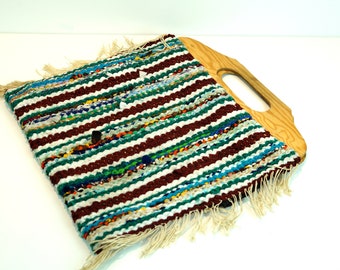 Bag with Wooden Handles Vintage Handbag Market Bag Boho Hippie Festival Bag colored fabric lined handbag 70s. Wooden Handle Tote bag