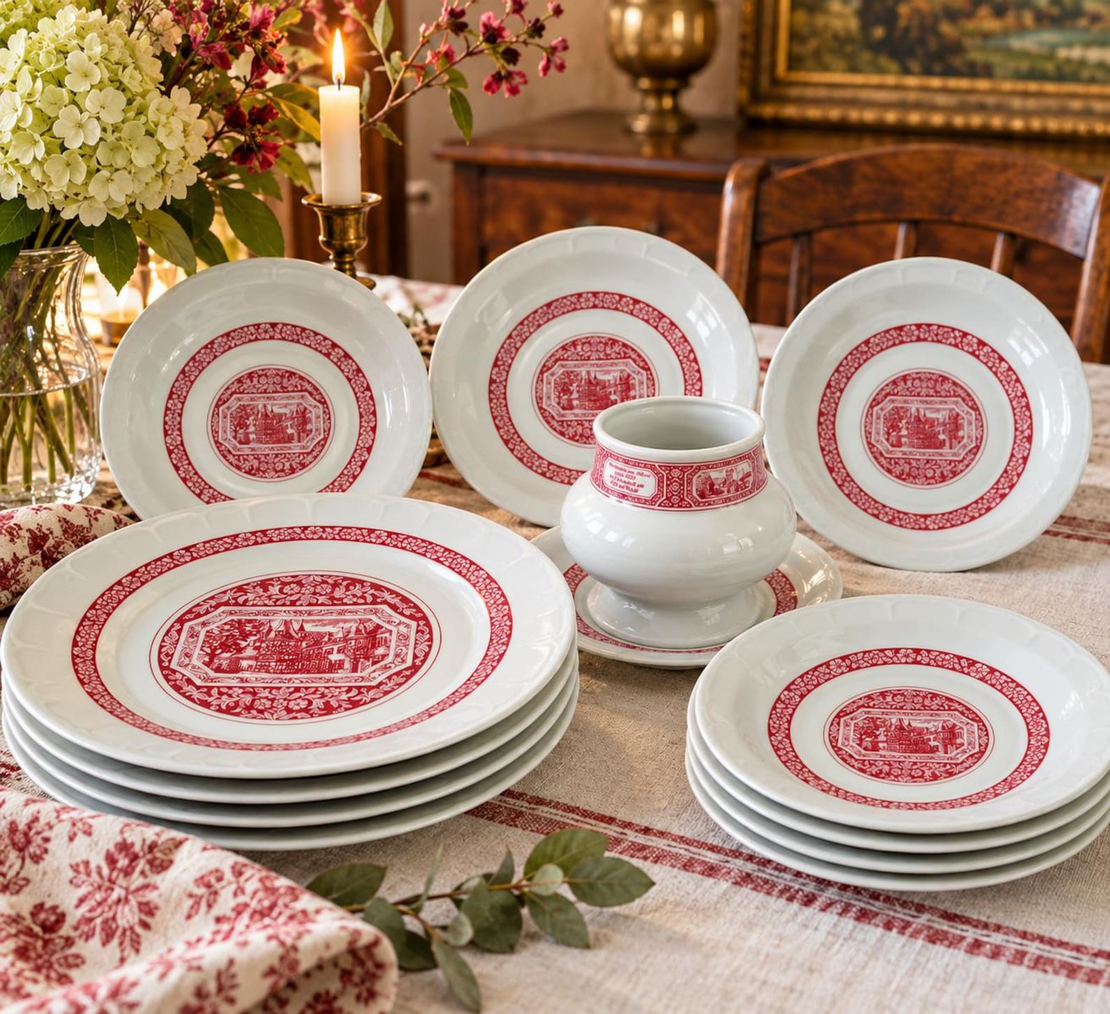 Vintage Heinrich Rüdesheimer Kaffee Porcelain Set, 9 Piece Red White German Tableware, Rüdesheim Coffee Set
