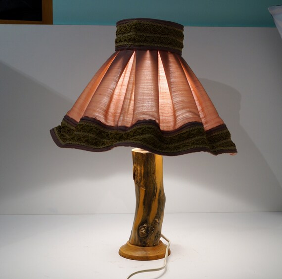 Vintage Wooden Table Lamp: Pink Textile Shade, Swedish Desk Lamp