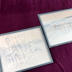 2 x Vintage Hand painted pencil drawings. Graphite painting. Original Graphite Drawing.Original vintage sketch art. Illustration.