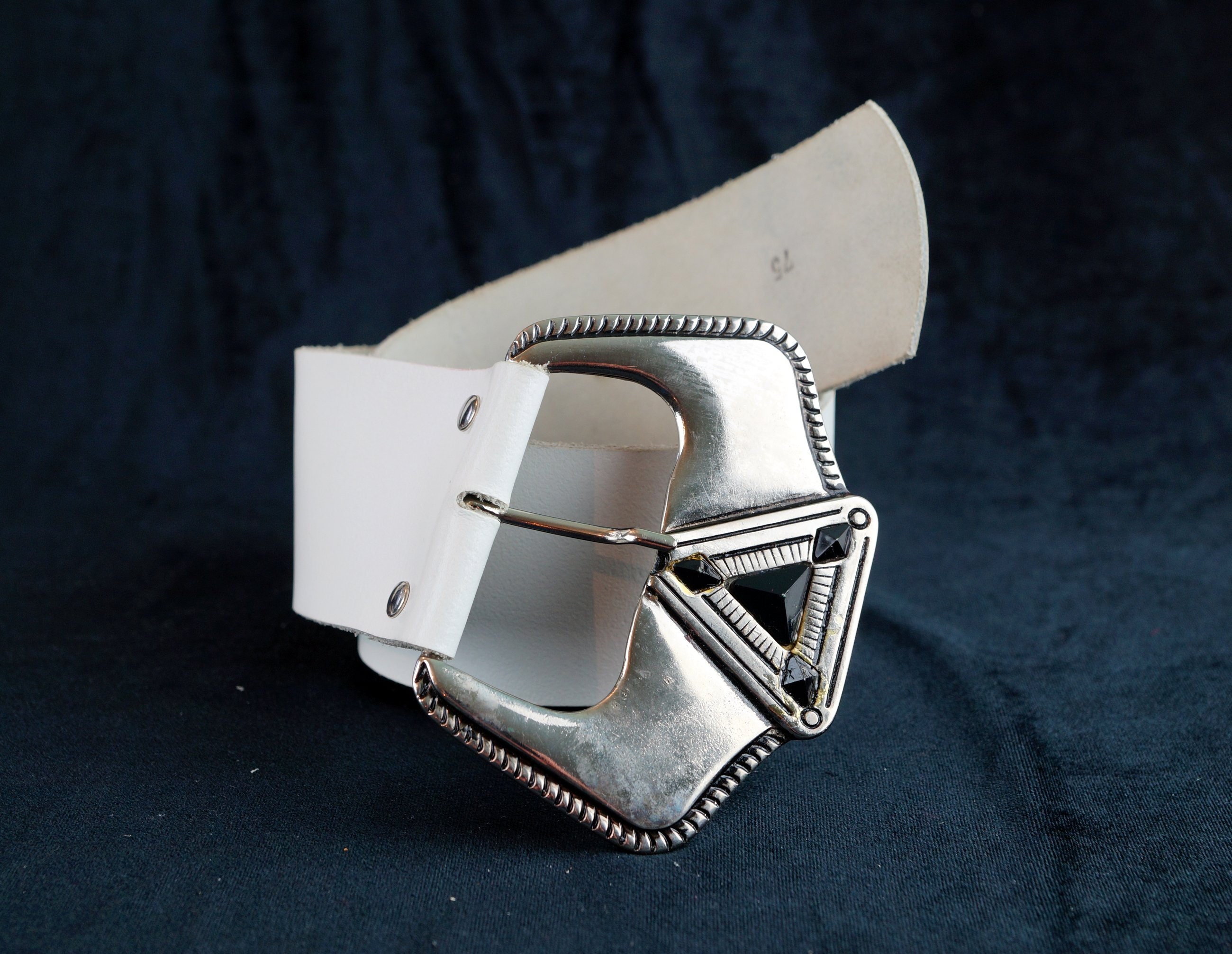 Vintage White Leather Belt: Brass Buckle, Made in Italy (96 