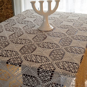 Large crocheted tablecloth. Vintage white square lace table cloth. 70s  Swedish  Natural cotton hand crochet tablecloth 220 cm x 220 cm