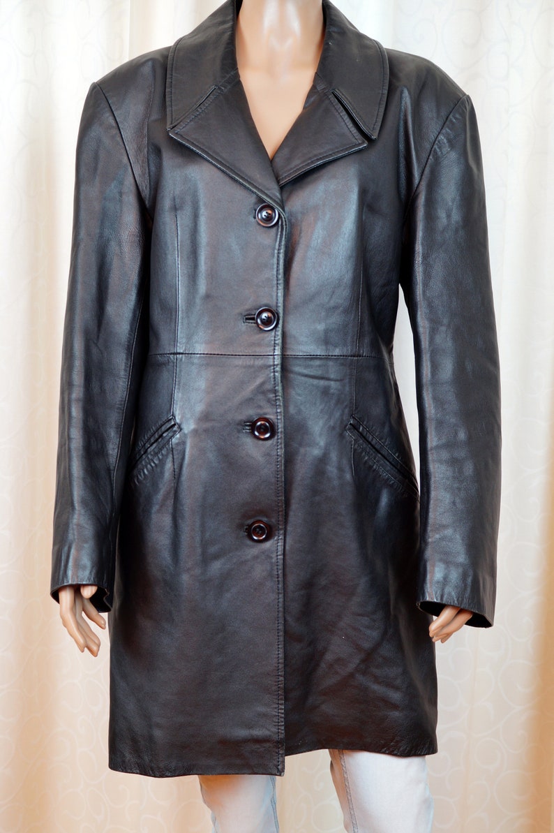 Vintage Leather Parka Coat MAX Leather Jacket L Size Genuine Leather Jacket Black Leather Jacket Made in Italy Fashion Trench Coat