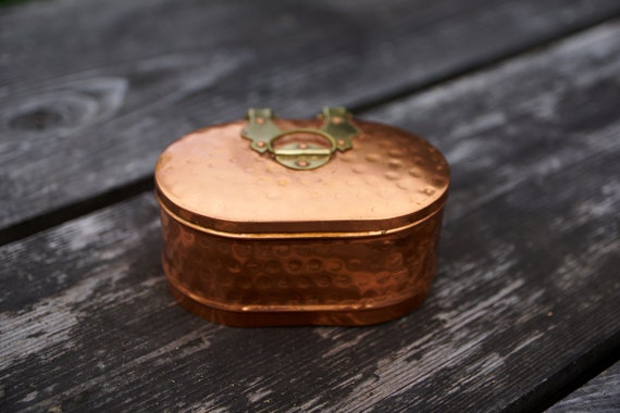 Vintage Brass Trinket Box Round Punched Tin Jewel… - image 1