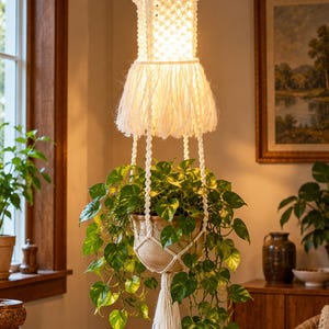 Op de afbeelding: Een witte macramé hanglamp met een geweven koordontwerp en een gefranjerde onderrand. De lamp houdt een beige keramische pot vast met een weelderige groene pothosplant met bonte, hartvormige bladeren, opgehangen aan geknoopte koorden.