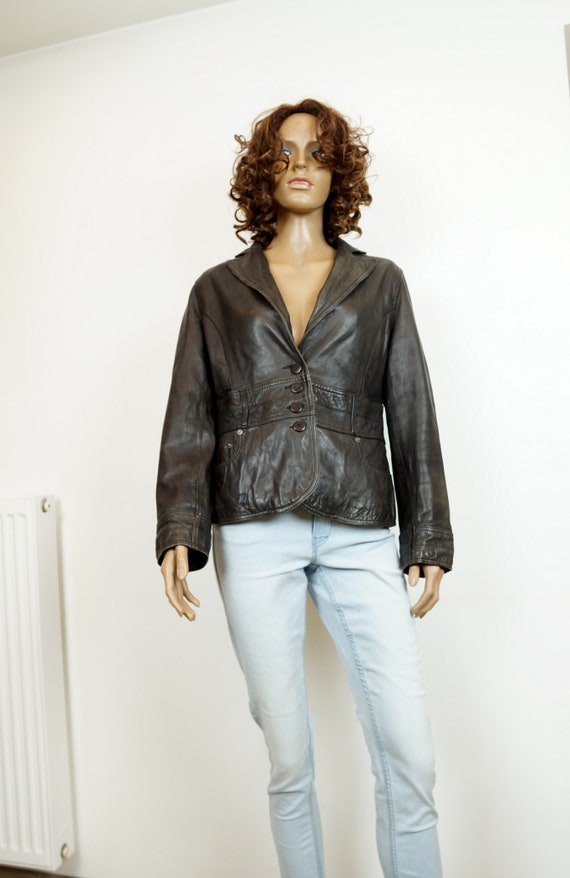 Chaqueta de cuero marron NEXT Chaqueta de cuero para mujer Cuero genuino marron vintage Blazer Corderos cuero TALLA 12 Moda retro Etsy Espana