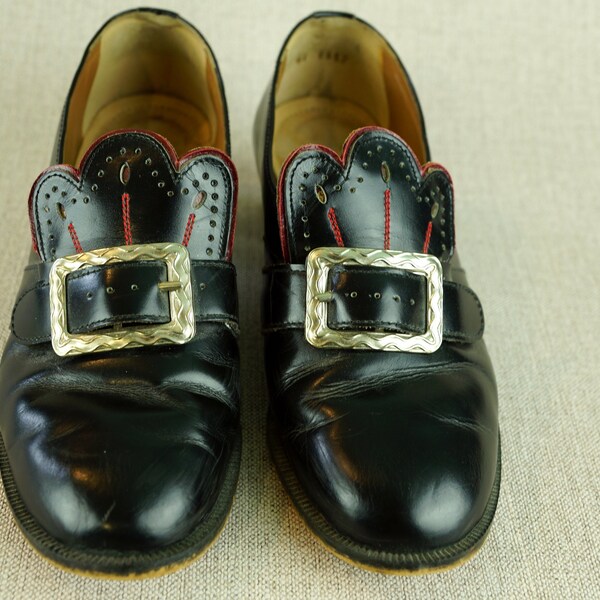 Trachtenschuhe, Vintage Schwarze Lederschuhe, Norweger Bunad Damen Schuhe mit Silberschließe