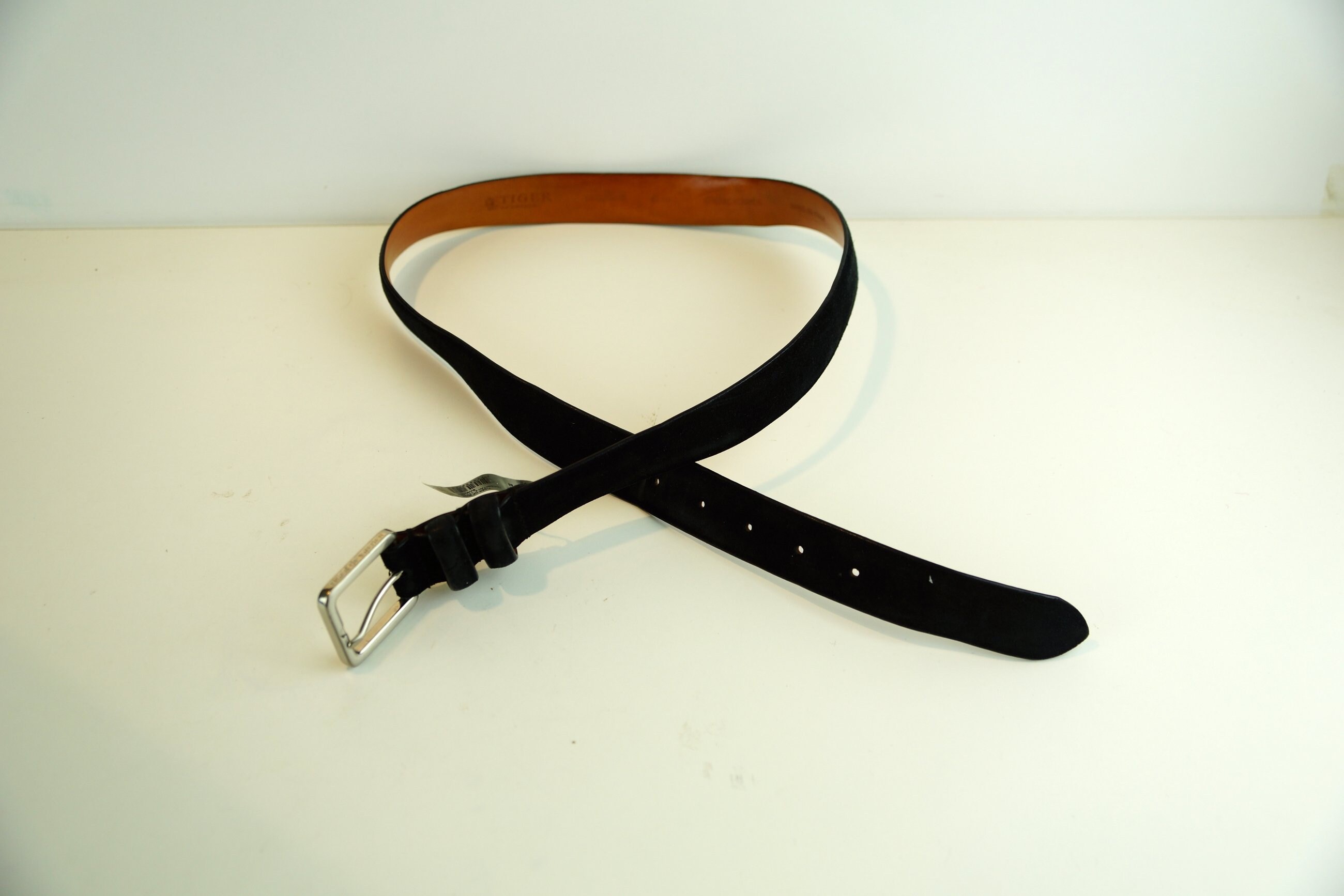 Vintage Black Suede Leather Belt: Solid Brass Buckle, Made  display picture 1