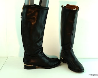 Schwarze Lederstiefel Vintage Damenstiefel Kniehohe Stiefel Chunky Midi Heel Reitstiefel European EUR 37 Lange Lederstiefel made in Italy