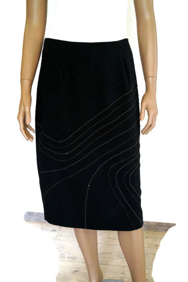 Vintage Black pencil skirt with golden thread embroidery by NEW LOOK High waist Midi Pencil skirt split on the back. Size 12 Made in U.K