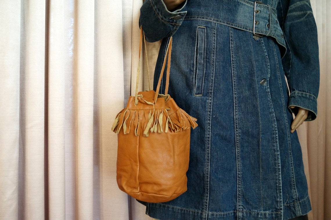Vintage Genuine Leather Bucket Bag: Handmade Shoulder Bag, foto 2 di 5