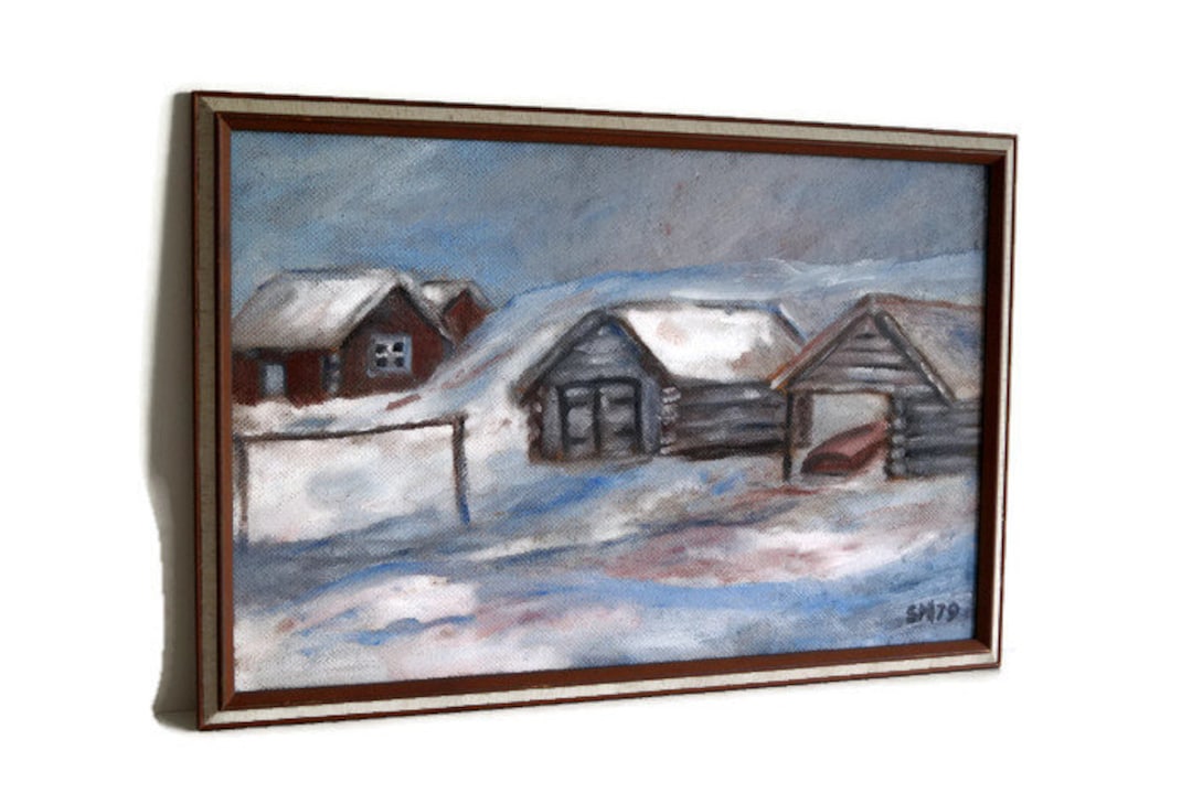 スウェーデンの冬の風景画：額入りヴィンテージスカンジナビアアート