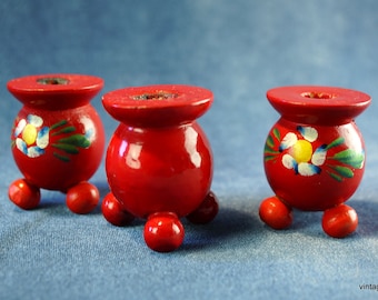 Vintage Red Wooden Candle Holders: Swedish Farmhouse Christmas Decor