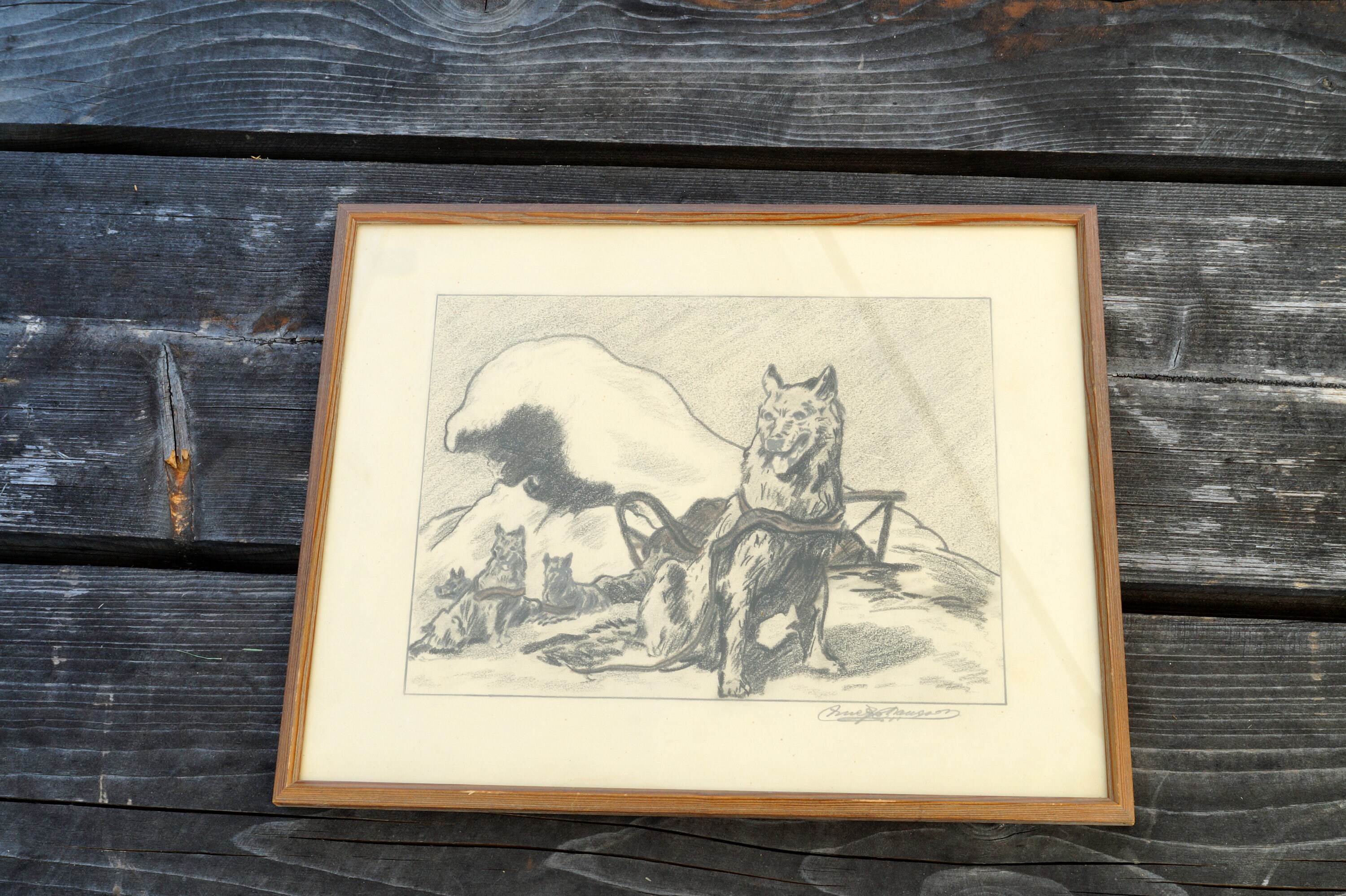 ヴィンテージ犬ぞりグラファイト画：スウェーデンのスケッチアート（28