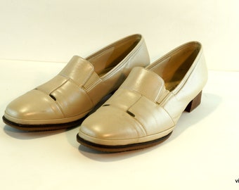 Vintage Semler England Leather Loafers - Beige Chunky Heel, Size US 10