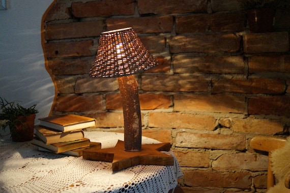 Vintage Swedish Wooden Table Lamp: Star Base, Rustic Night Lighting