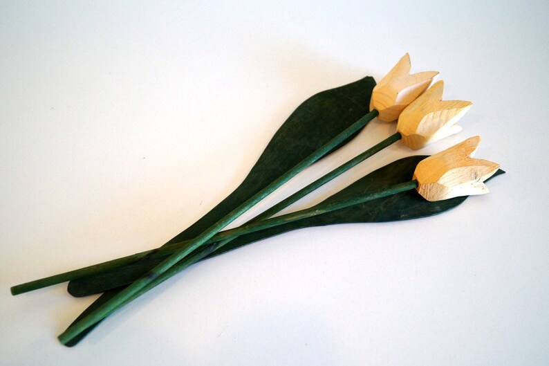 3x Vintage Swedish Wood Flowers Colorful yellow Yellow Wooden Tulip Handcrafted Scandinavian Home Decor Swedish wooden Flowers home decor