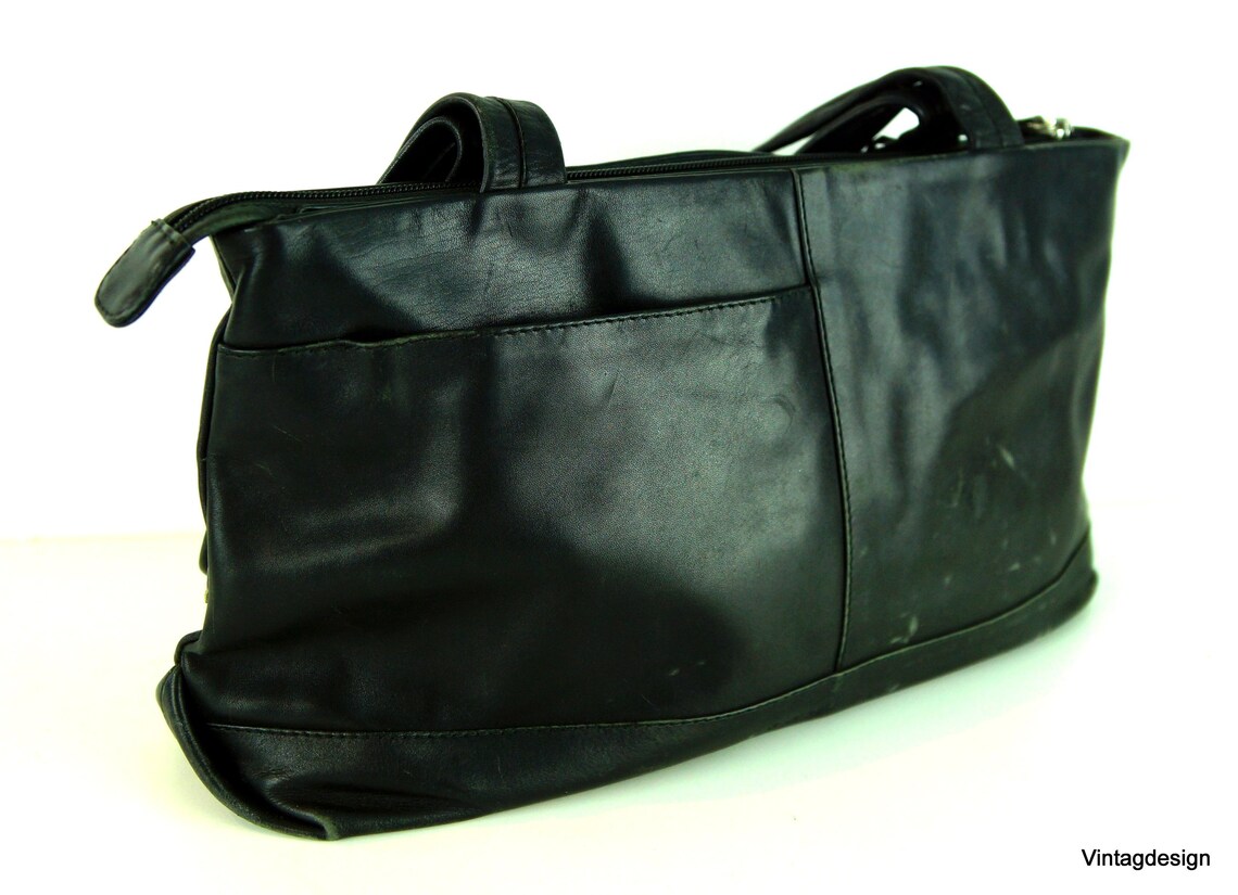 Vintage Black Leather Handbag: 80s Retro Womens Bag, foto 4 di 5