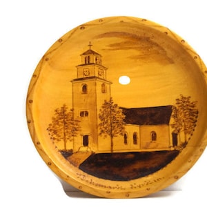 Vintage Pyrography Wood Wall Art: Signed Church Painting
