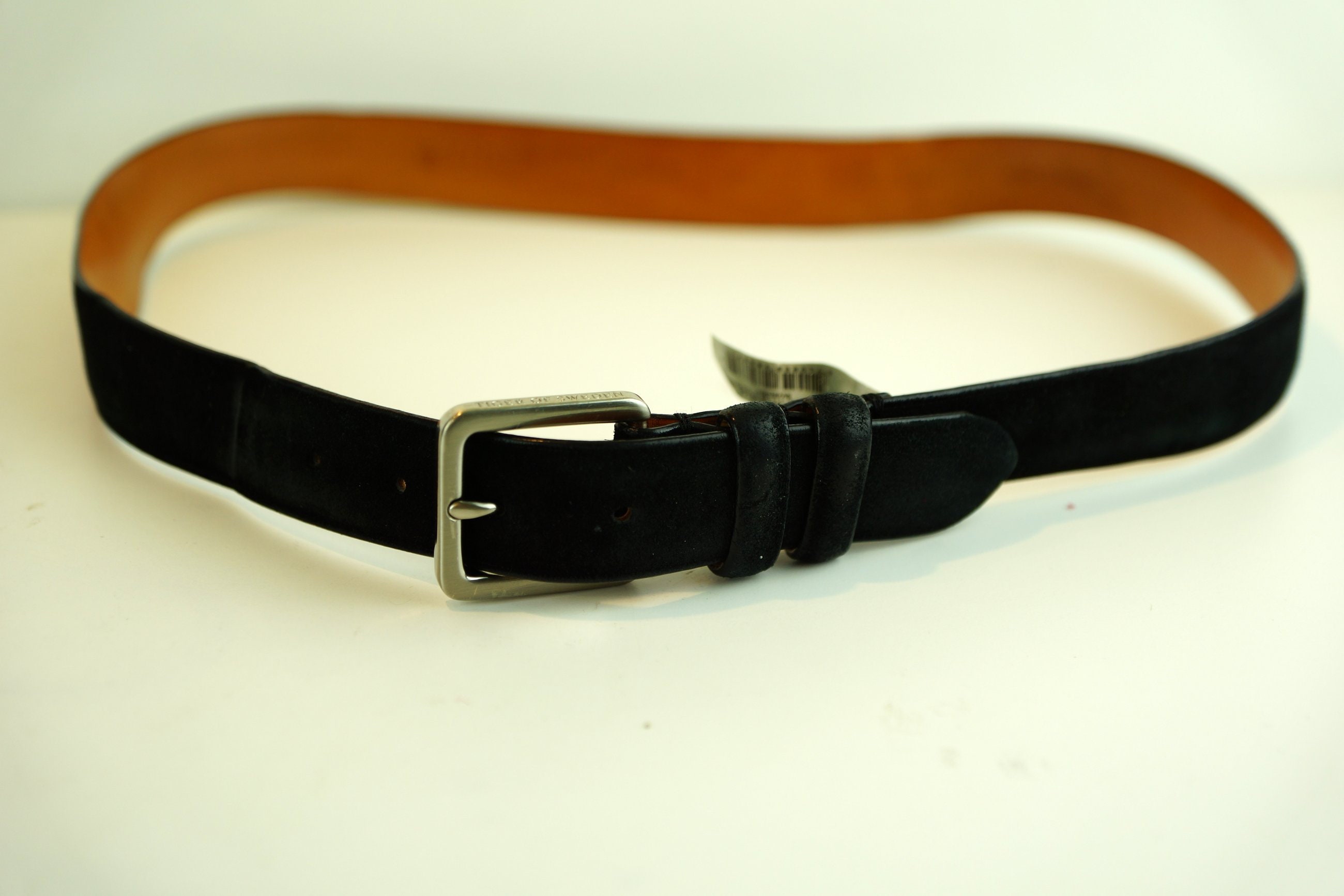 Vintage Black Suede Belt Brass Hardware Genuine Leather Made in USA Willa - Black Leather Belt Brass Western Vintage Buckle Set  main image 3