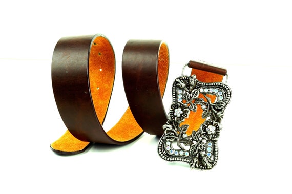 Ceinture Ancienne En Cuir Véritable Vintage - Style Rétro - Taille Ajustable - Fabriquée En France