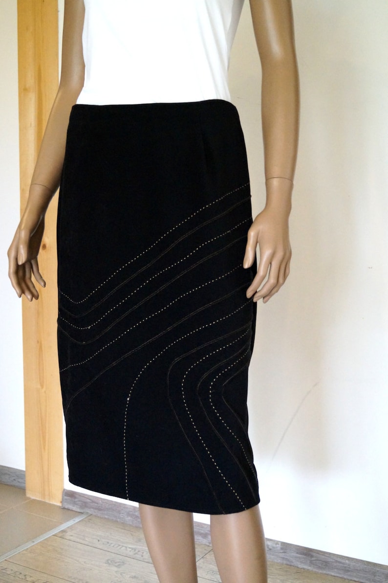 Vintage Black pencil skirt with golden thread embroidery by NEW LOOK High waist Midi Pencil skirt split on the back. Size 12 Made in U.K