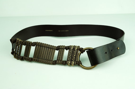 Vintage Wide Leather Belt: Brown Brass Chain, Retro Rocker  display picture 1