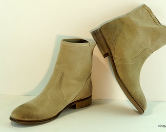 May include: A pair of beige suede ankle boots with a low heel. The boots have a simple design and are made of soft, comfortable material.