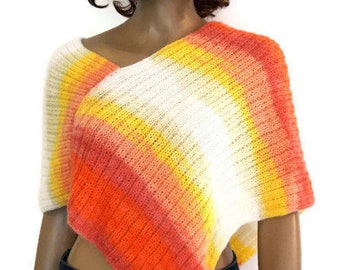 Hand Knitted Alpaca Silk Poncho: Coral, Orange, Yellow