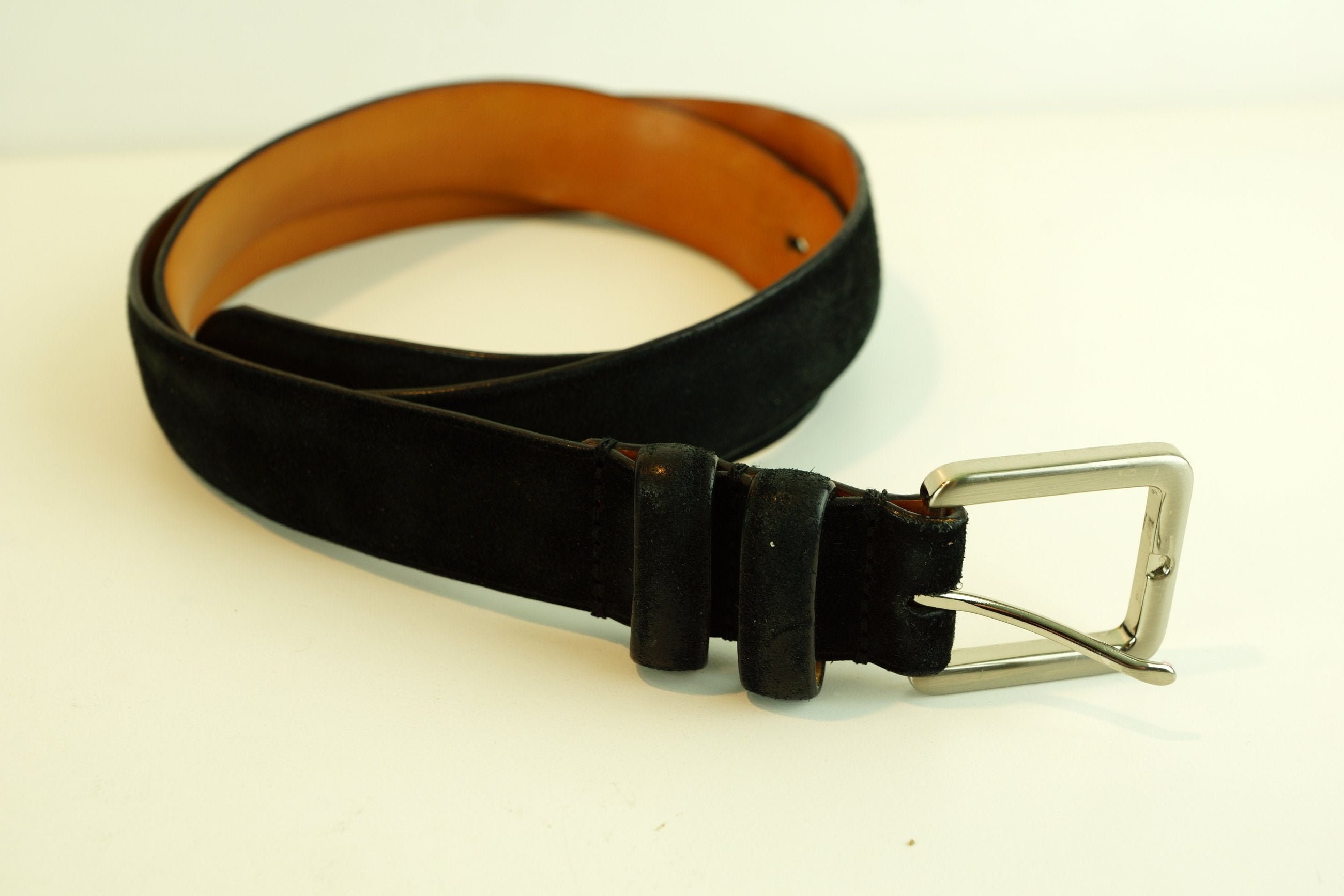 Vintage Black Suede Leather Belt: Solid Brass Buckle, Made  display picture 1