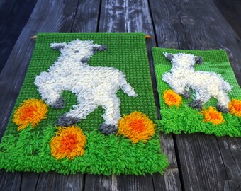Vintage Austrian Wool Tapestry Set: Lamb Rustic Wall Decor