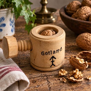 Puede incluir: Un cascanueces cilíndrico de madera con un mecanismo de tornillo y un mango. En el lateral está impresa la palabra Gotland y un símbolo rúnico negro. Una nuez está colocada dentro de la abertura superior de la herramienta de madera clara.
