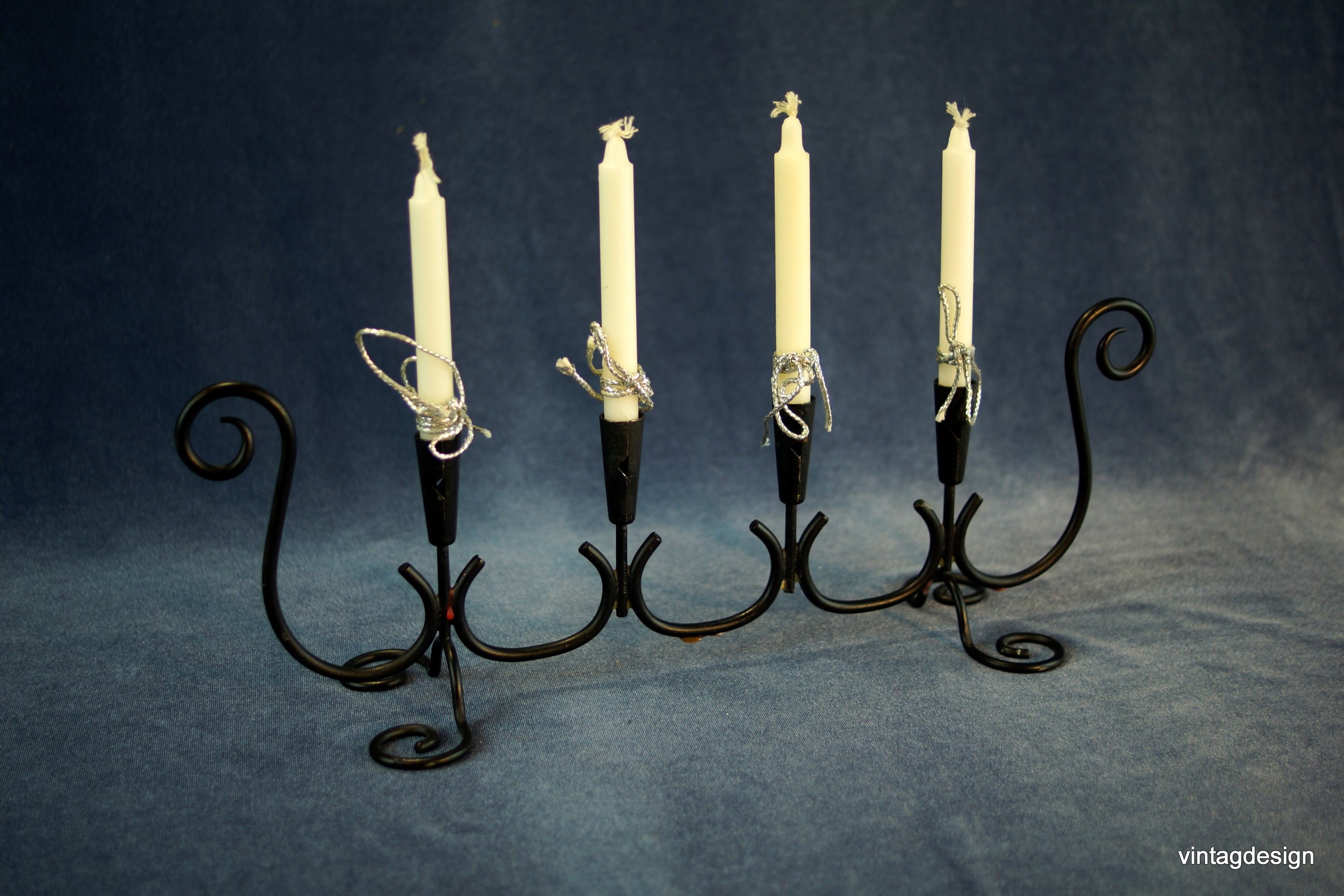 Black Iron Candle Holder for 4 Candles. Candelabra Mid Century