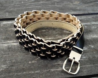 Vintage 70s Braided Black Leather Belt: Boho Waist Belt (107 cm)