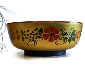 Floral painted Wooden bowl, Rustic decor Country decor, decorative tray Handcarved wood bowl Vintage cottage decoration shabby shic decor