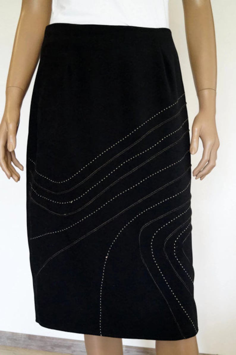 Vintage Black pencil skirt with golden thread embroidery by NEW LOOK High waist Midi Pencil skirt split on the back. Size 12 Made in U.K