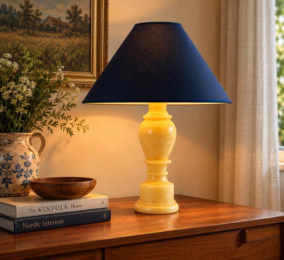 Vintage Italian Alabaster Table Lamp, 1970s Stone Lamp, Navy Blue Shade, Mid Century Bedside Lighting