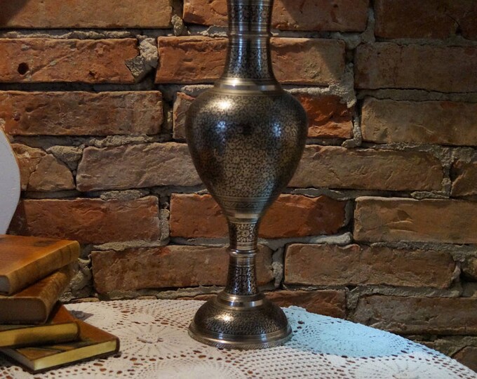 Vintage Large Flower Vase, Ethnic Brass Pedestal Vase Unique Black and Silver Floor Vase.etched