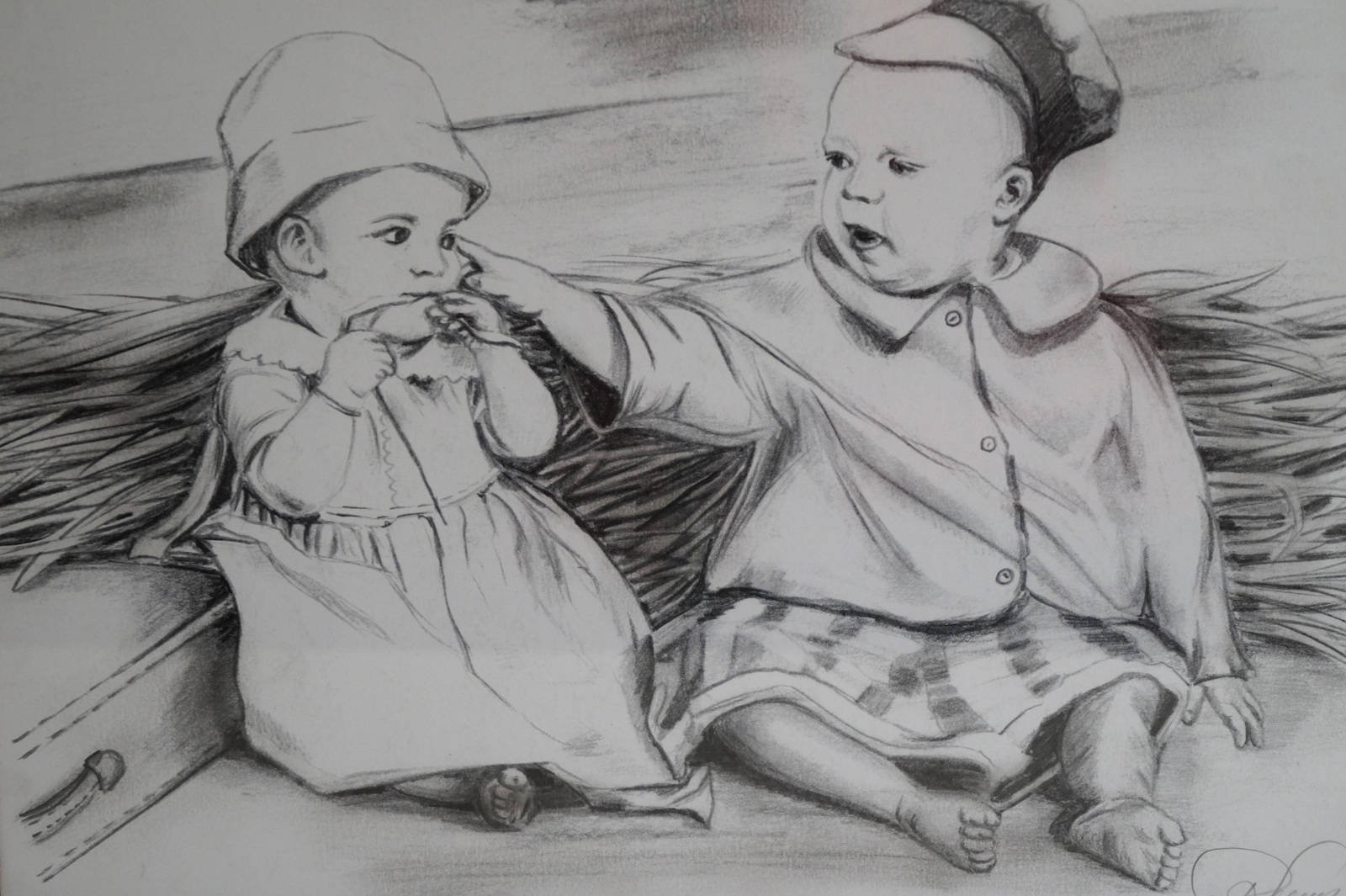スウェーデンのヴィンテージ鉛筆画：子供の肖像画、オリジナルの 