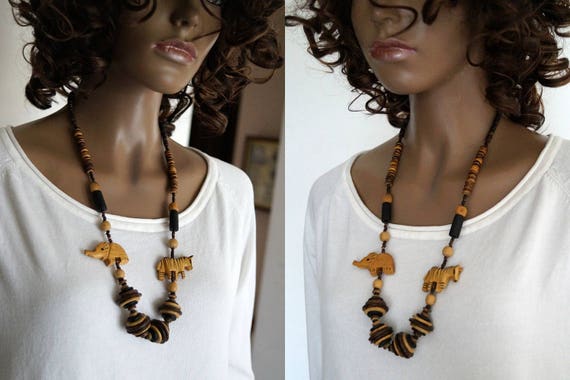 Vintage handmade wood beads necklace with wooden … - image 5