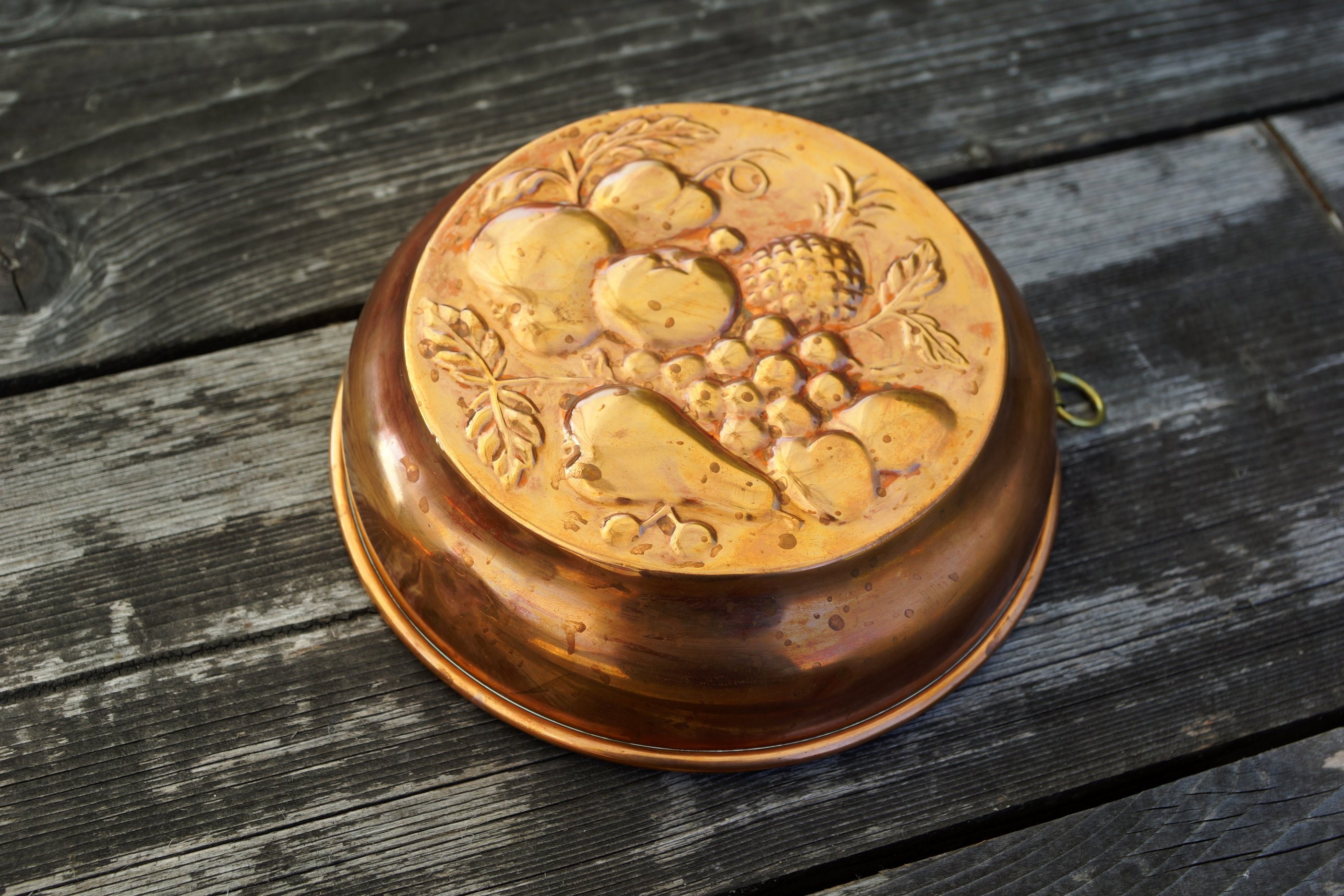 Grand Plat Ovale En Cuivre étamé Vintage - 2 Anneaux Laiton - Art De La Table