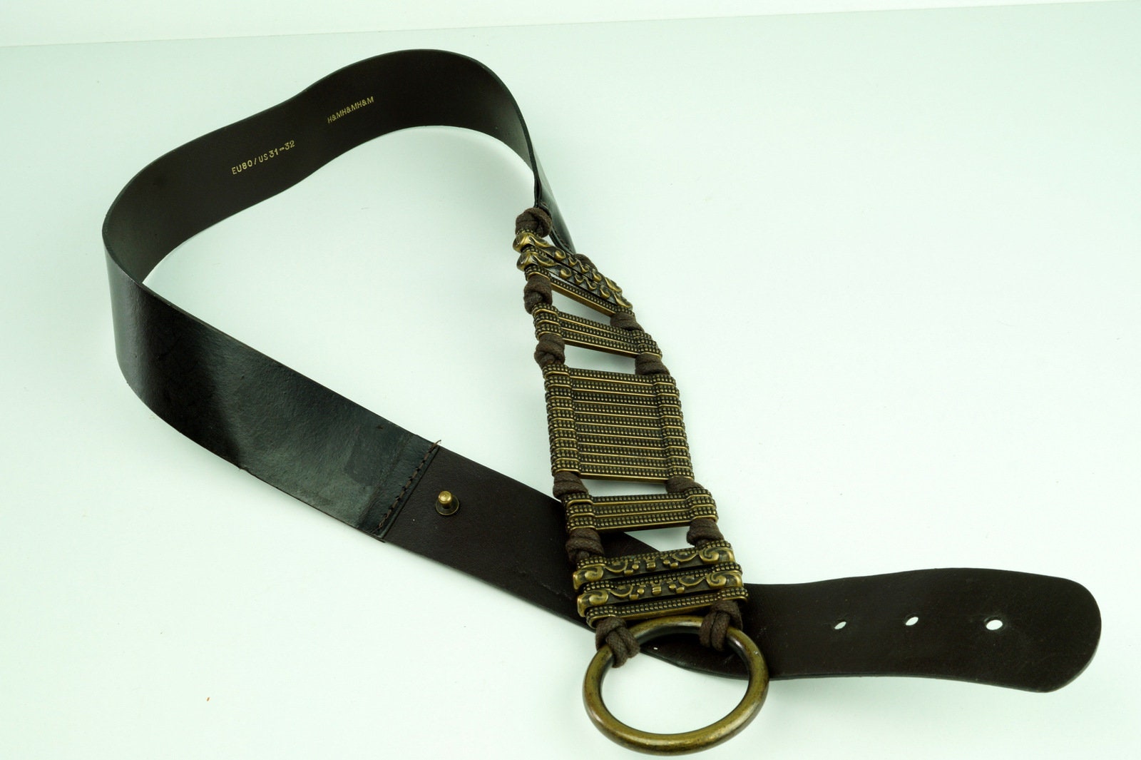 Vintage Wide Leather Belt with Brass Buckle & Chain Detail Vintage Wide Leather Belt: Brown Brass Chain, Retro Rocker  main image 2