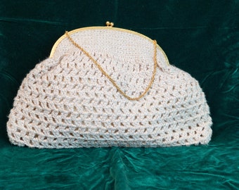 Vintage Crocheted Handbag, Handmade Bag, with gold Lined Crochet bag Beige bag crochet handbag tote bag