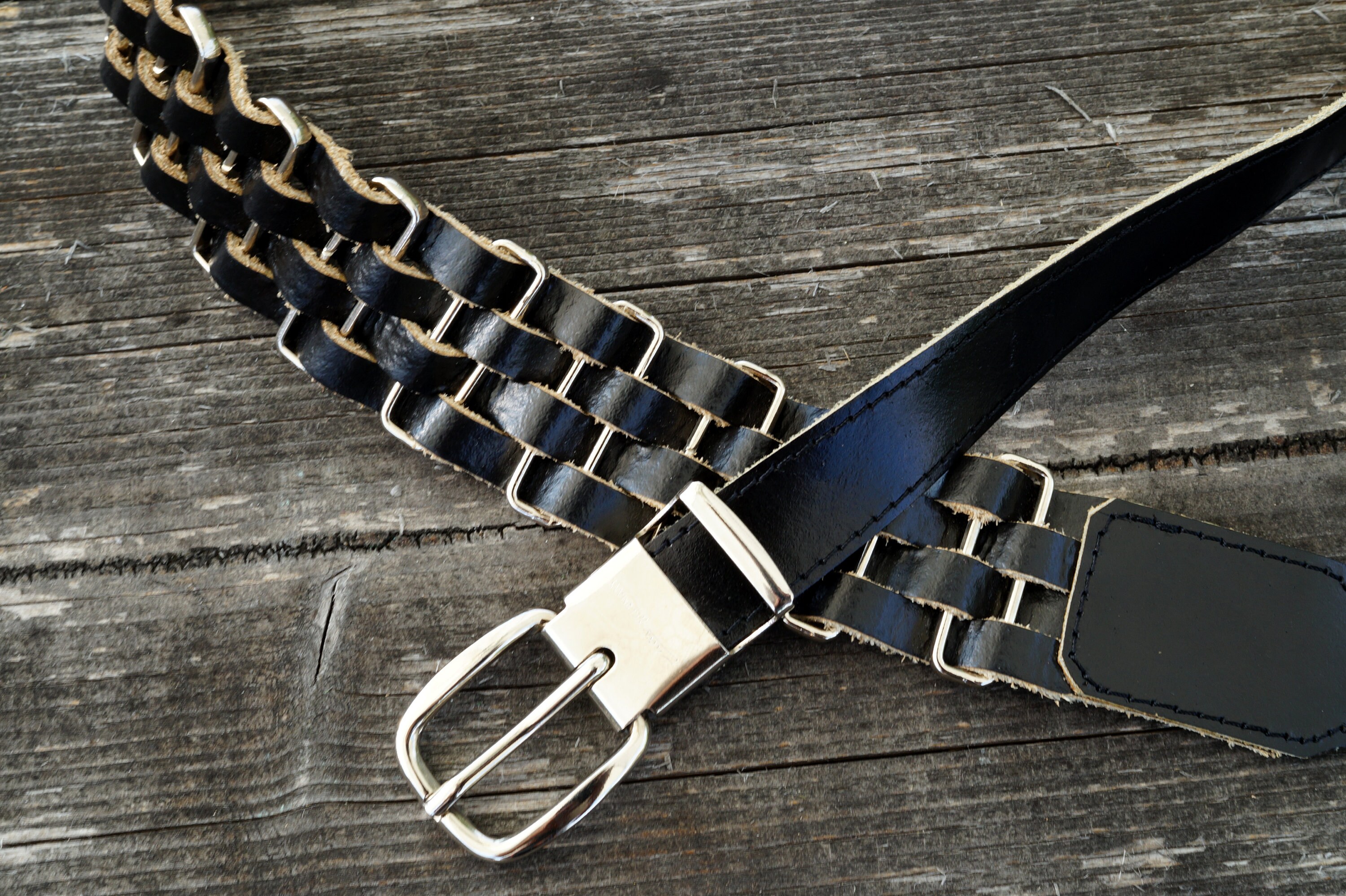 Vintage 70s Braided Black Leather Belt: Boho Waist Belt (107 