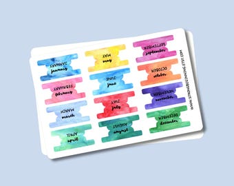 Month Page Tabs for Planners & Bullet Journals, Watercolor Sticker Dividers