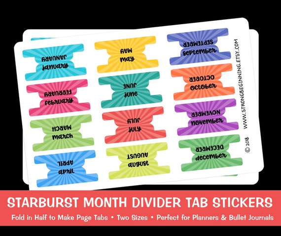 starburst month divider tab stickers bullet journal stickers etsy month tabs