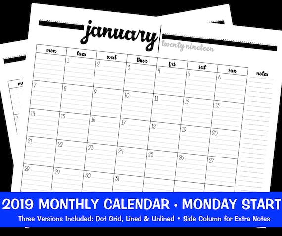 2019 Monthly Calendar Printable Monday Start Dot Grid