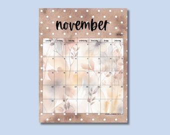November 2026 Calendar, Brown Floral Polka Dot One Month Printable Design